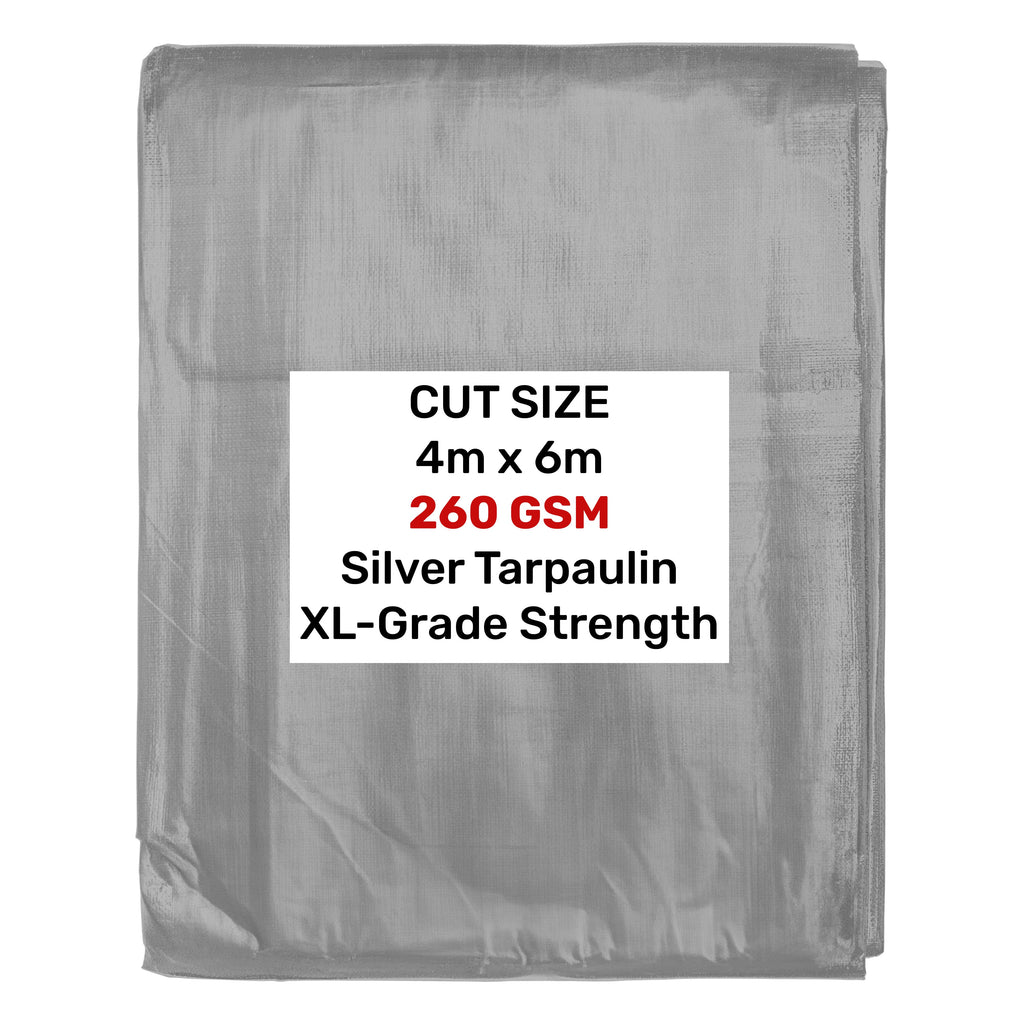 Silver XL-Grade Tarpaulin 4m x 6m Waterproof Tarpaulin Cover Reinforced Eyelets