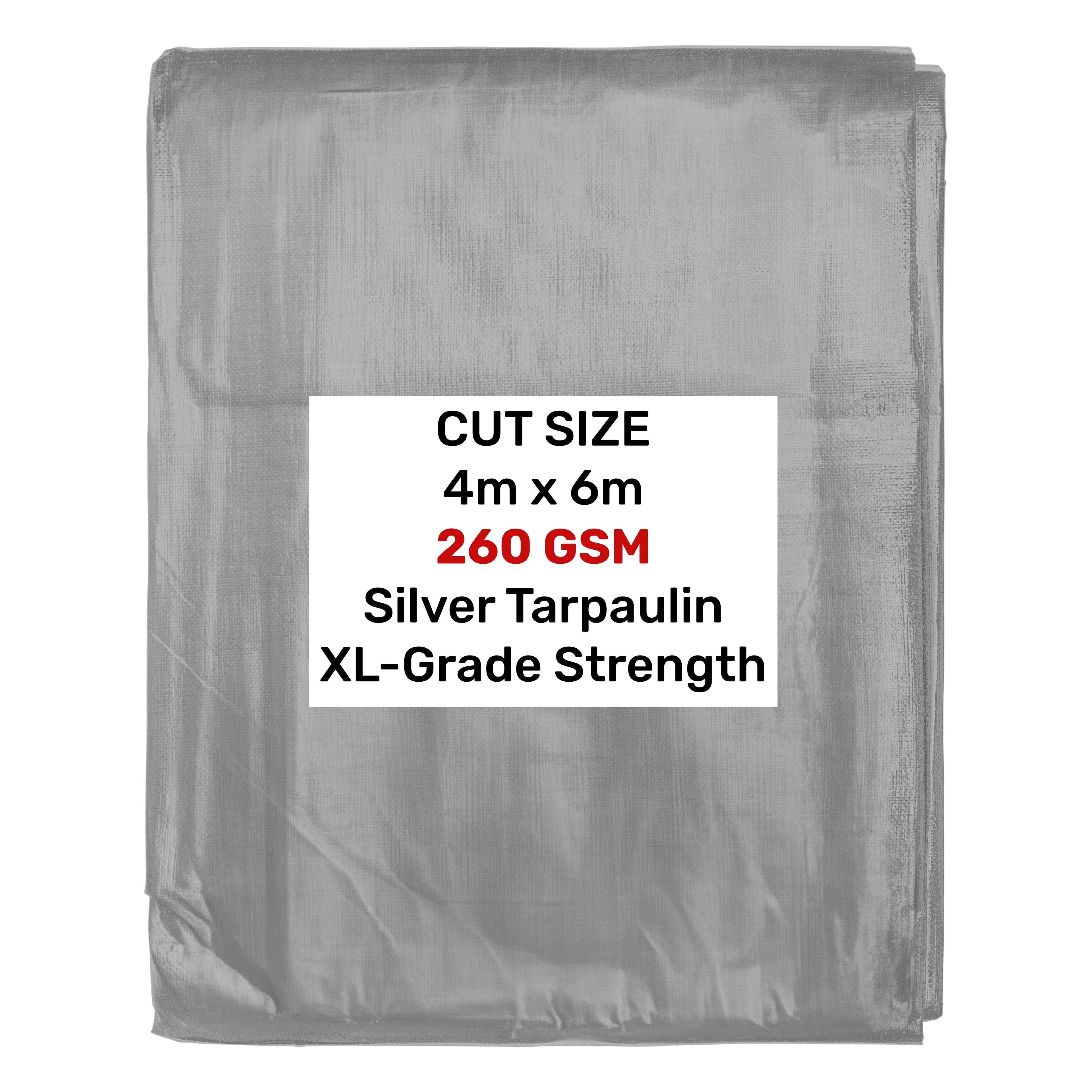 Silver XL-Grade Tarpaulin 4m x 6m Waterproof Tarpaulin Cover Reinforced Eyelets
