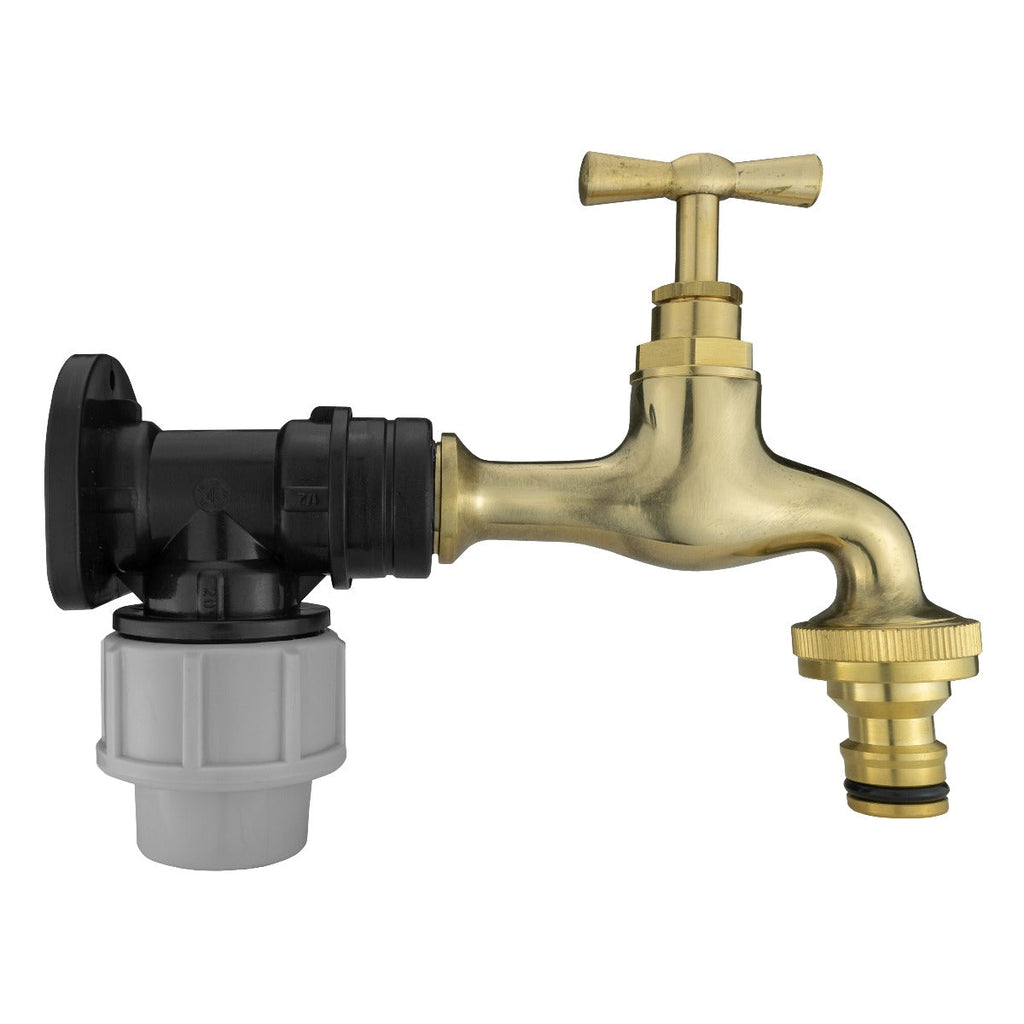 Wall Flange Kit 20mm MDPE - Polished Brass Bib Tap with Snap On Water Connector